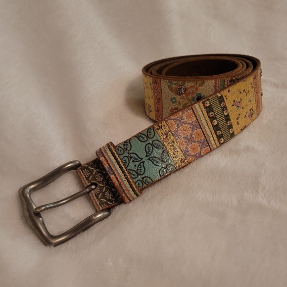 Fossil Bohemian Studded Patchwork Leather Belt with Metal Buckle Size Large - Picture 1 of 8